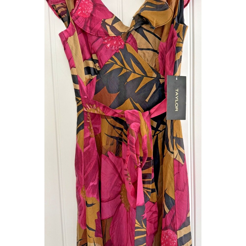 Taylor Women's Ruffled V-Neck Sleeveless A-Line Maxi Dress Taupe Fuchsia Size 2 - Picture 9 of 13